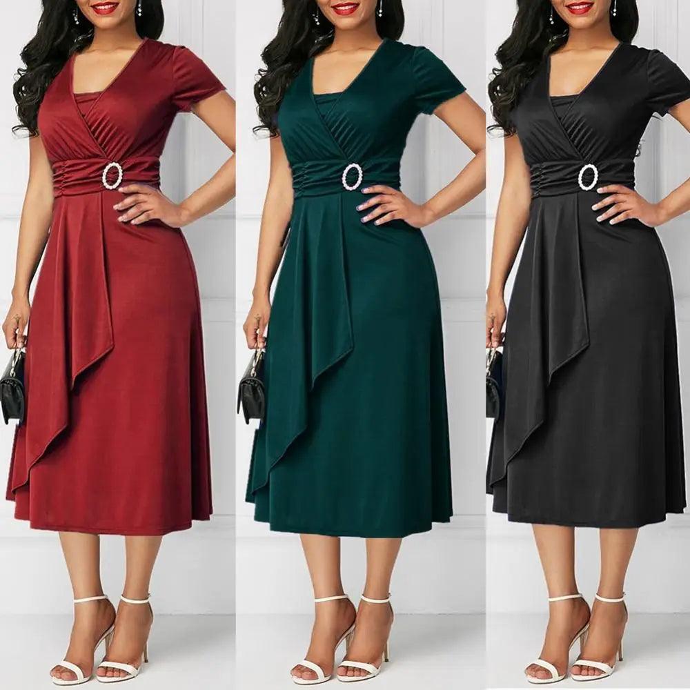 Solid Color Short Sleeve V Neck Asymmetric Hem Waist Tight Midi Party Dress - enviablebeauty.com
