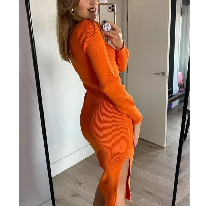 Women Knitted Dress With Side Slits Bodycon Autumn Winter Tight Dresses - enviablebeauty.com