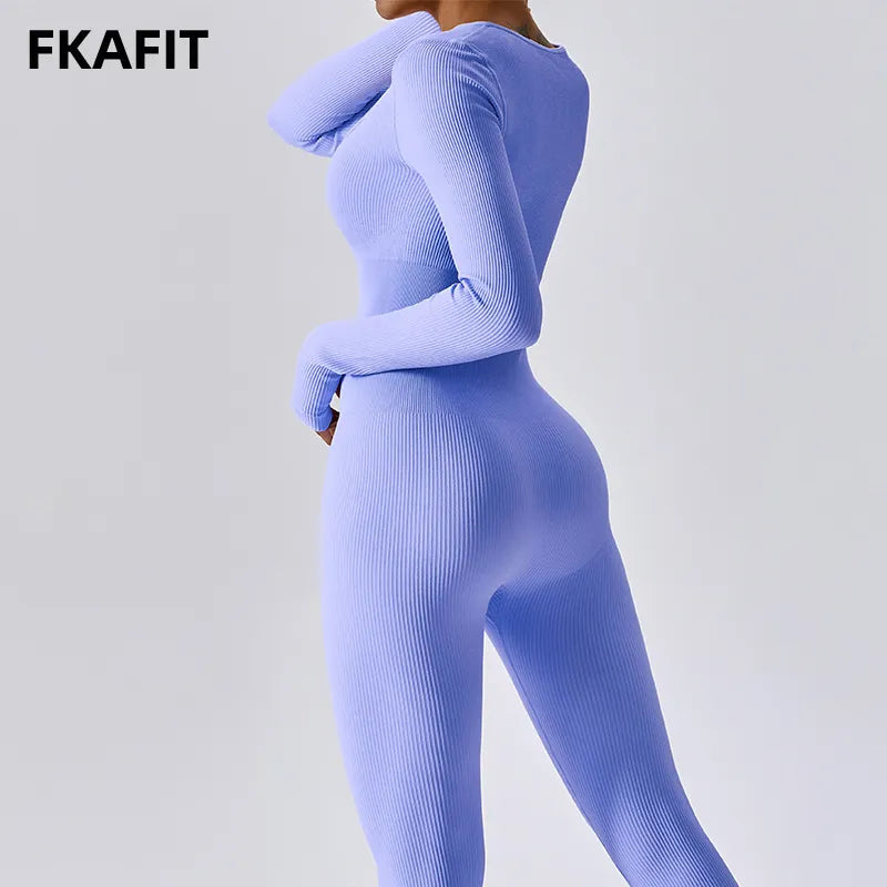 Women Yoga Jumpsuits One Piece Workout Ribbed Long Sleeve Rompers Square Neck Sport Exercise Bodysuits Gym Sportswear - enviablebeauty.com