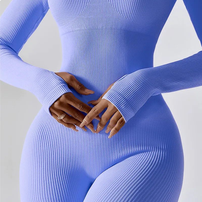 Women Yoga Jumpsuits One Piece Workout Ribbed Long Sleeve Rompers Square Neck Sport Exercise Bodysuits Gym Sportswear - enviablebeauty.com
